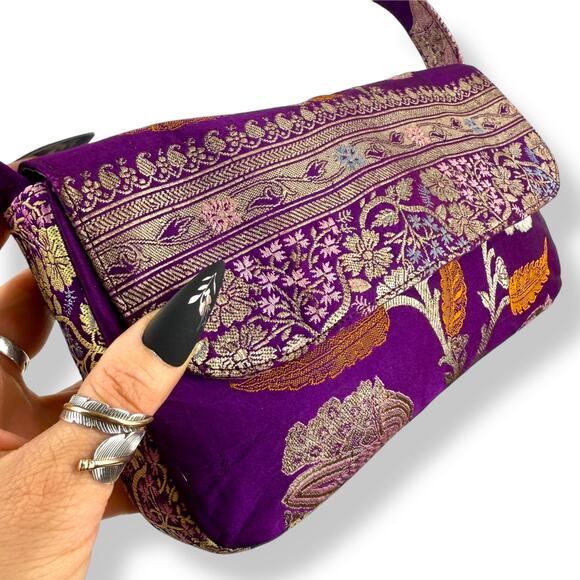 90's designer purple floral silk shoulder bag by SARAH SHAW LOS ANGELES - Picture 5 of 16